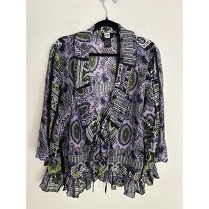 Studio 1940 Purple Paisley Ruffle Tie Front Bohemian Blouse Plus Size‎ 22/24